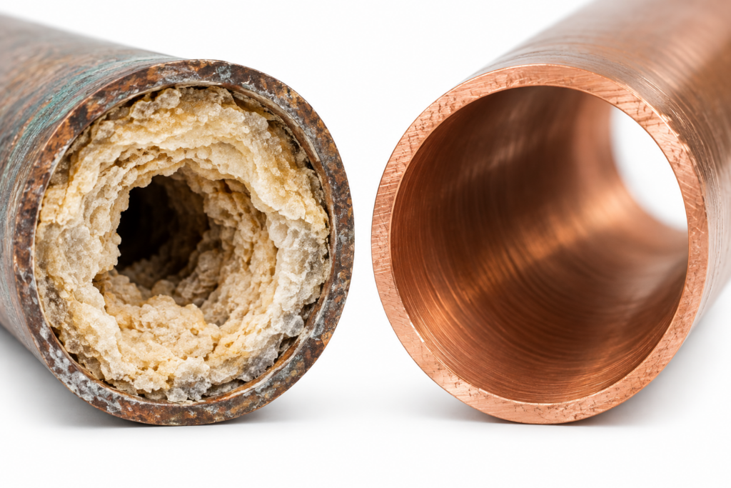 Hard water mineral buildup in pipes before water softener installation