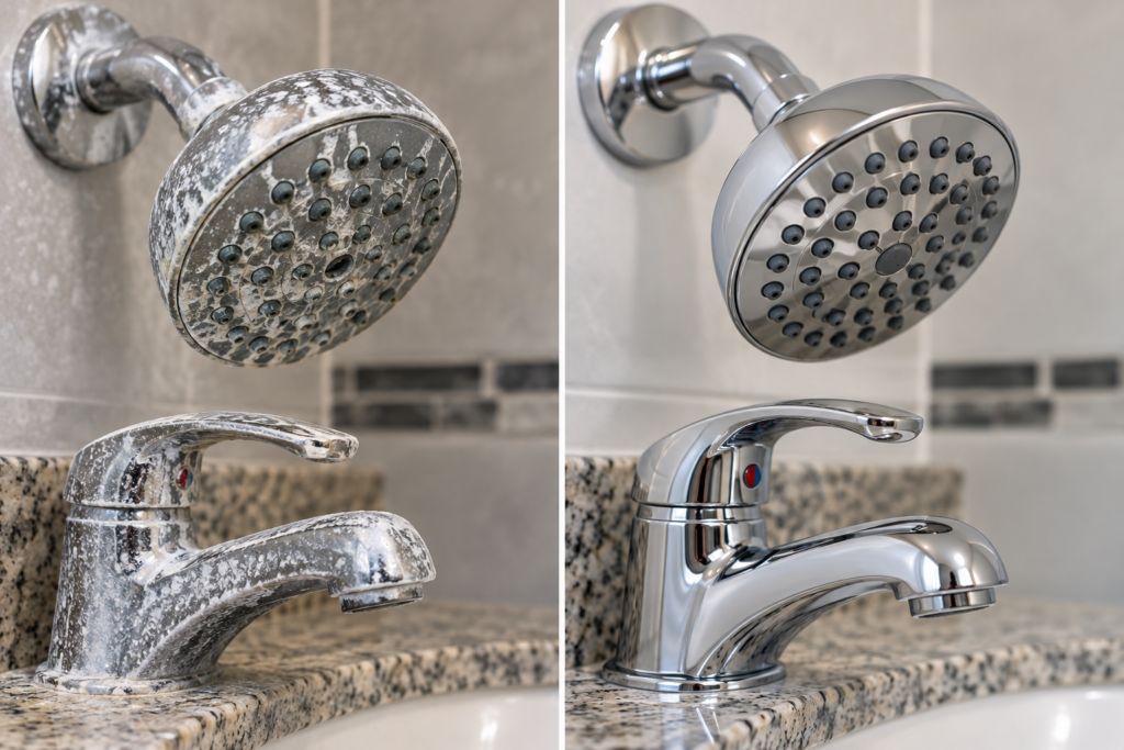 Hard water mineral buildup on showerhead and faucet