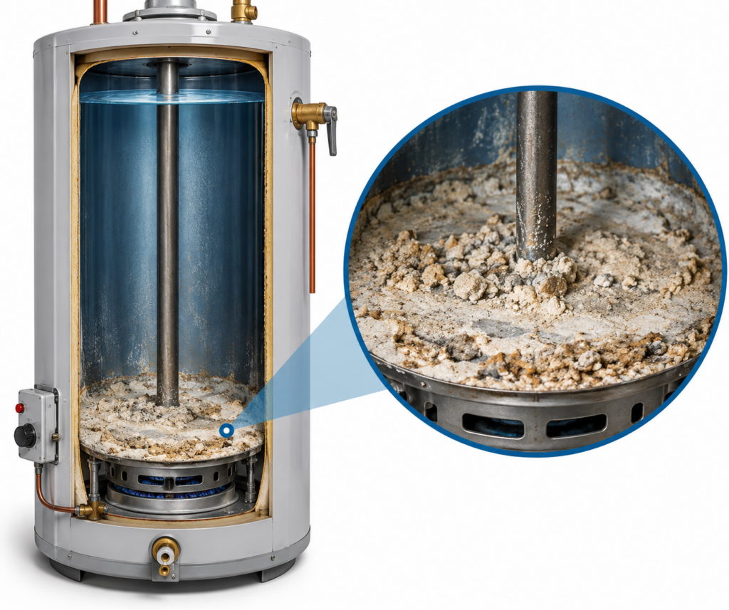 Hard water mineral and sediment buildup inside a water heater