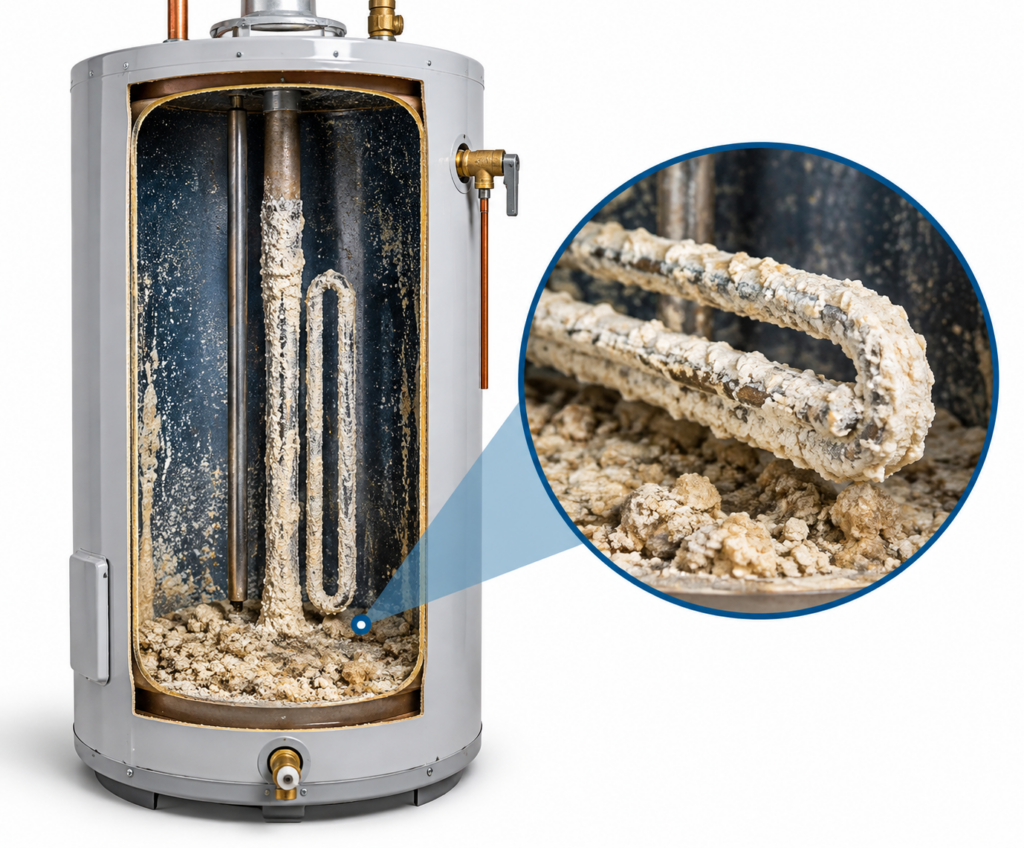 Hard water mineral buildup restricting a plumbing pipe